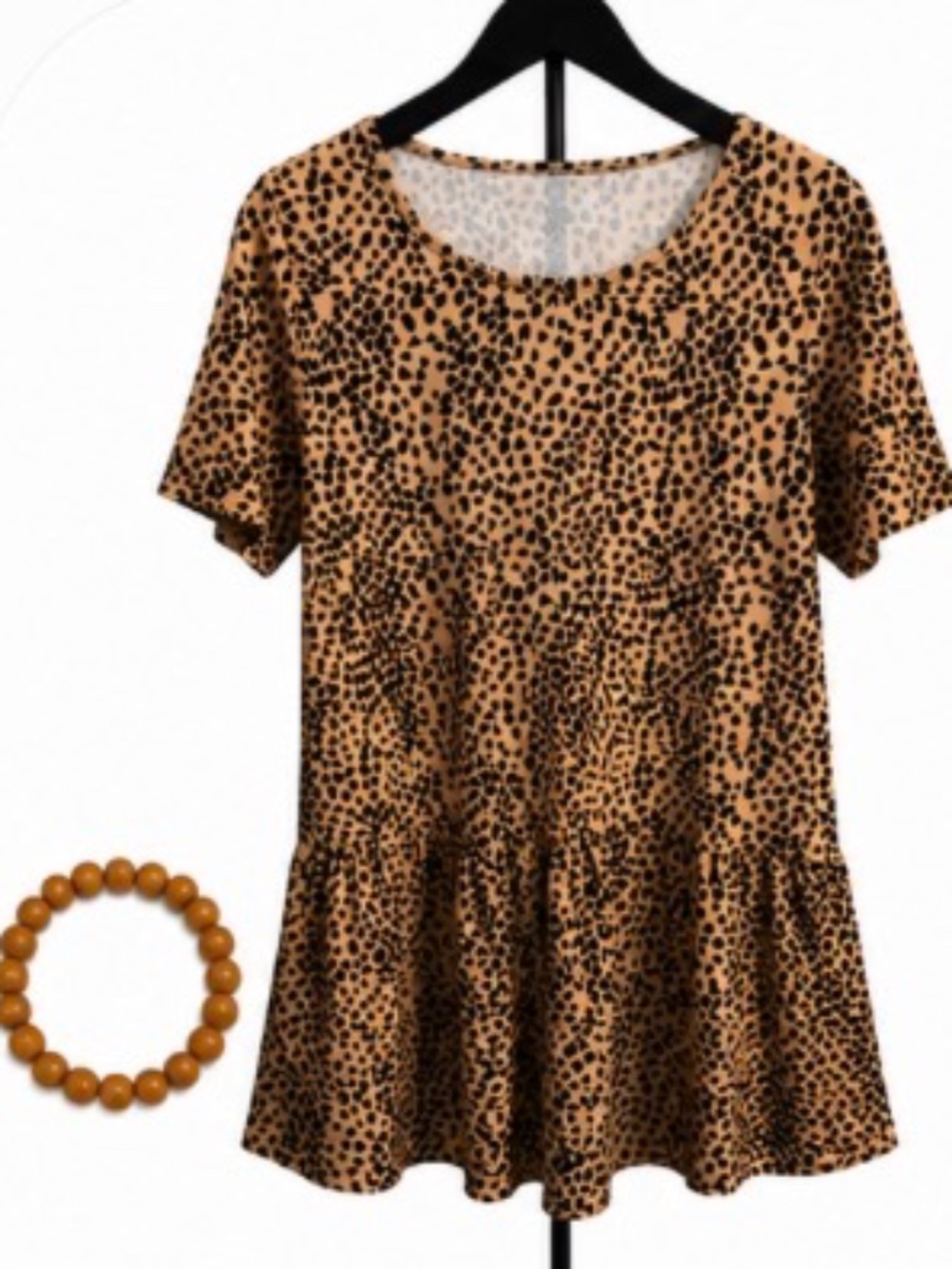 Hibluco Leopard Print Peplum Top Women's Size Large | Tan & Black Animal Print |